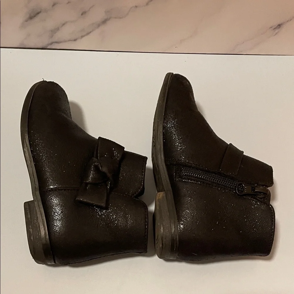 Cat & Jack Toddler Girl Size 9 Sparkle Black Bow Ankle Boots Side Zip